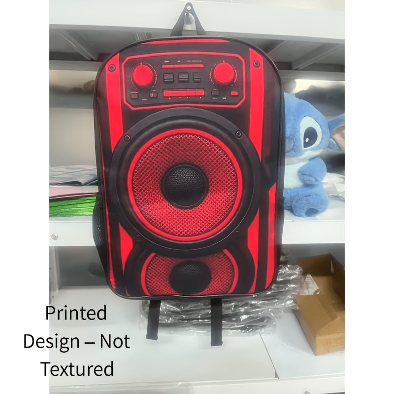 TEMU 2d Printed Backpack, Black With Red Stripes, Featuring Music And Audio ; Unisex Backpack