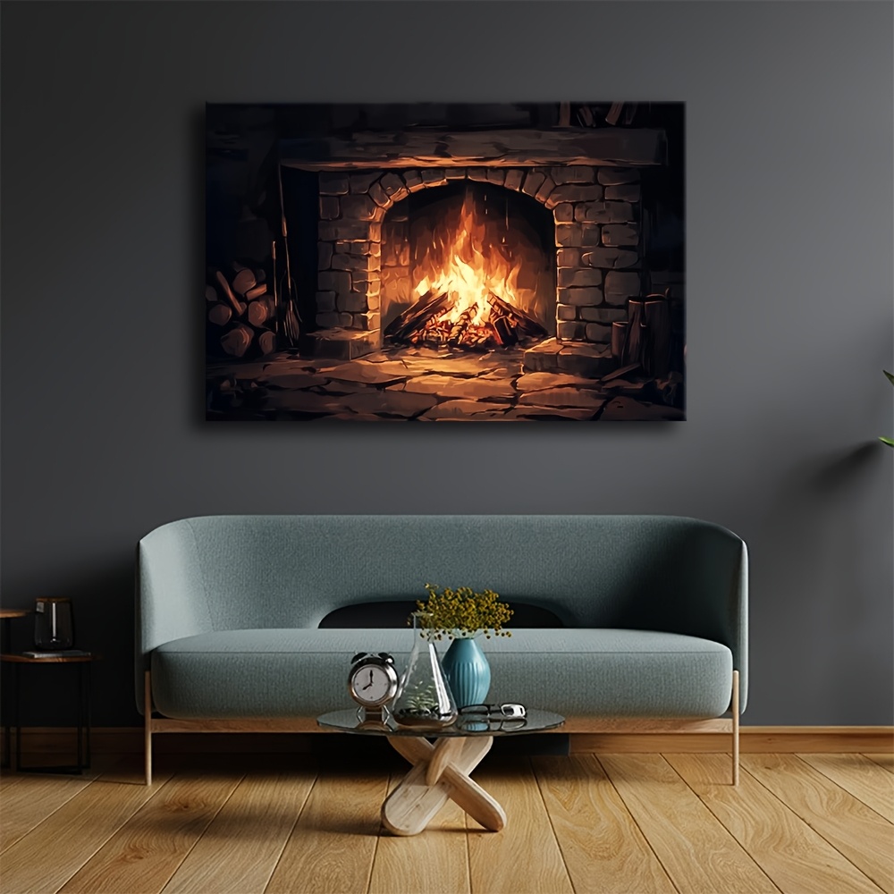 Vintage Fireplace Canvas Art Print with Wooden Frame Cozy Stone Wall  Wooden Log Design Wall Decor for Living Room, Bedroom, Kitch