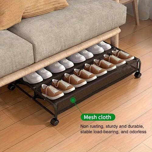 1pc foldable metal under bed shoe rack with wheels wrought iron mesh shoe organizer under bed shoe storage container suitable for bedroom living room and cooking