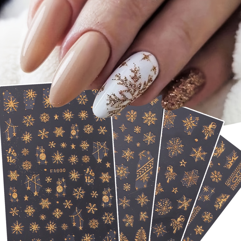 

4 Sheets Golden Glitter Sparkle 3d Christmas Nail Stickers Glitter Snowlfake Christmas Lamp Ball Christmas Tree Self Adhesive Slider Nail Art Decals Diy Decorations For Manicure