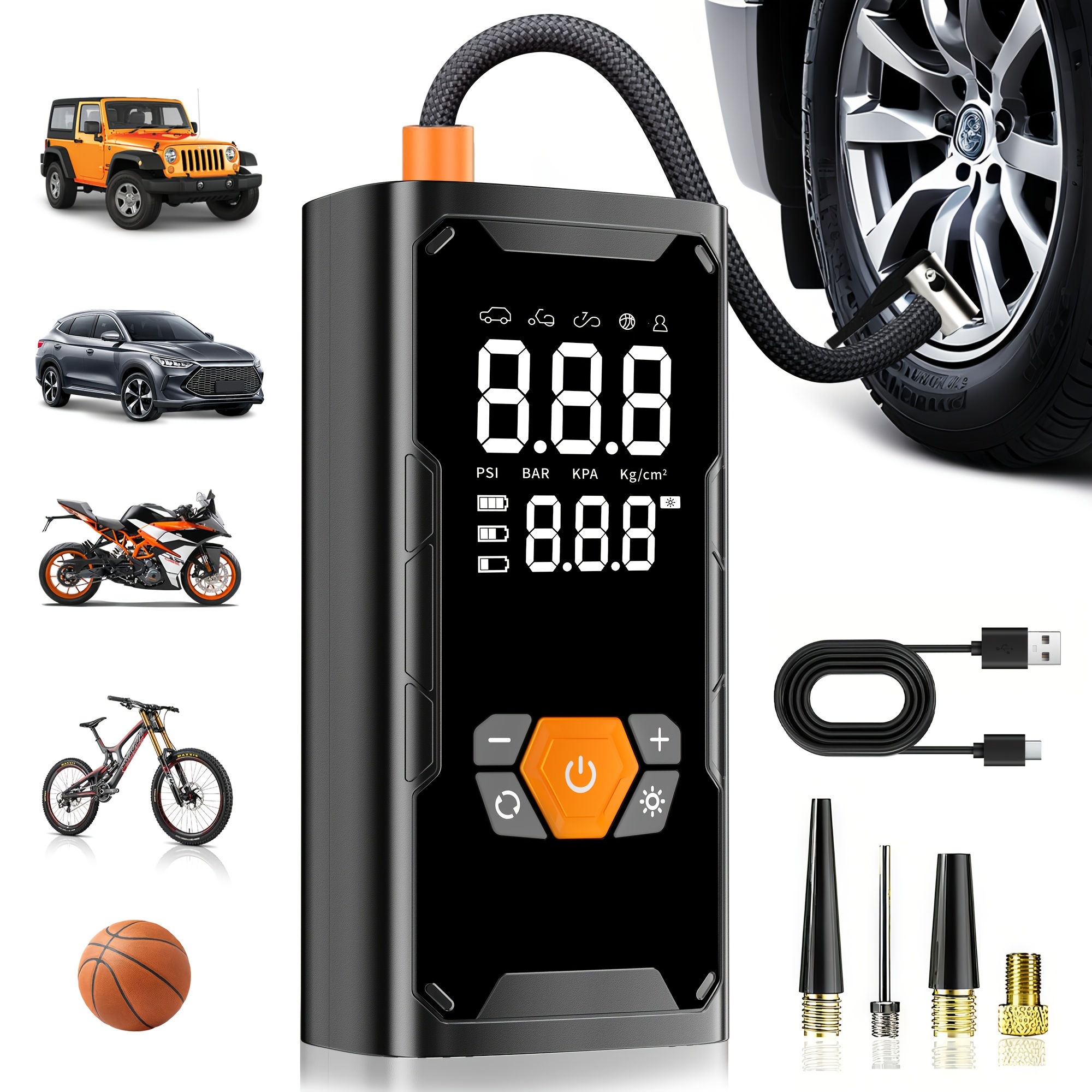TEMU Compresor de aire portátil para inflar neumáticos, bomba recargable para neumáticos de coche de 150 PSI con manómetro digital, luz LED y apagado