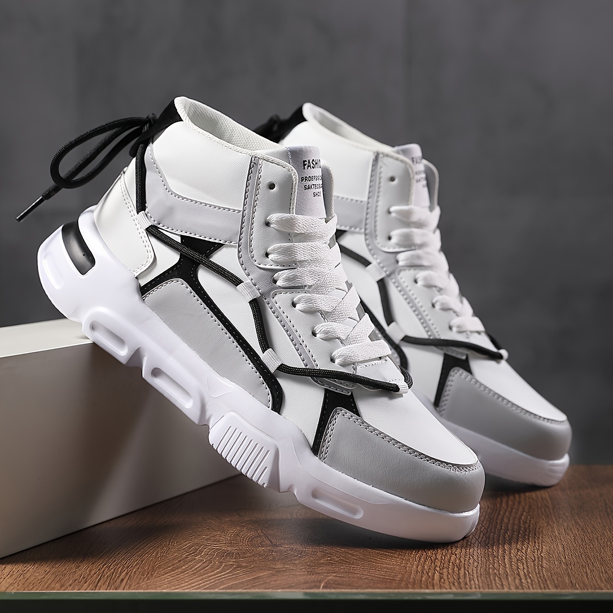 Men'S Front Strap Letter Pattern Contrast Color Double Shoelaces Fashion Design Outdoor Breathable High Top Casual Sneakers