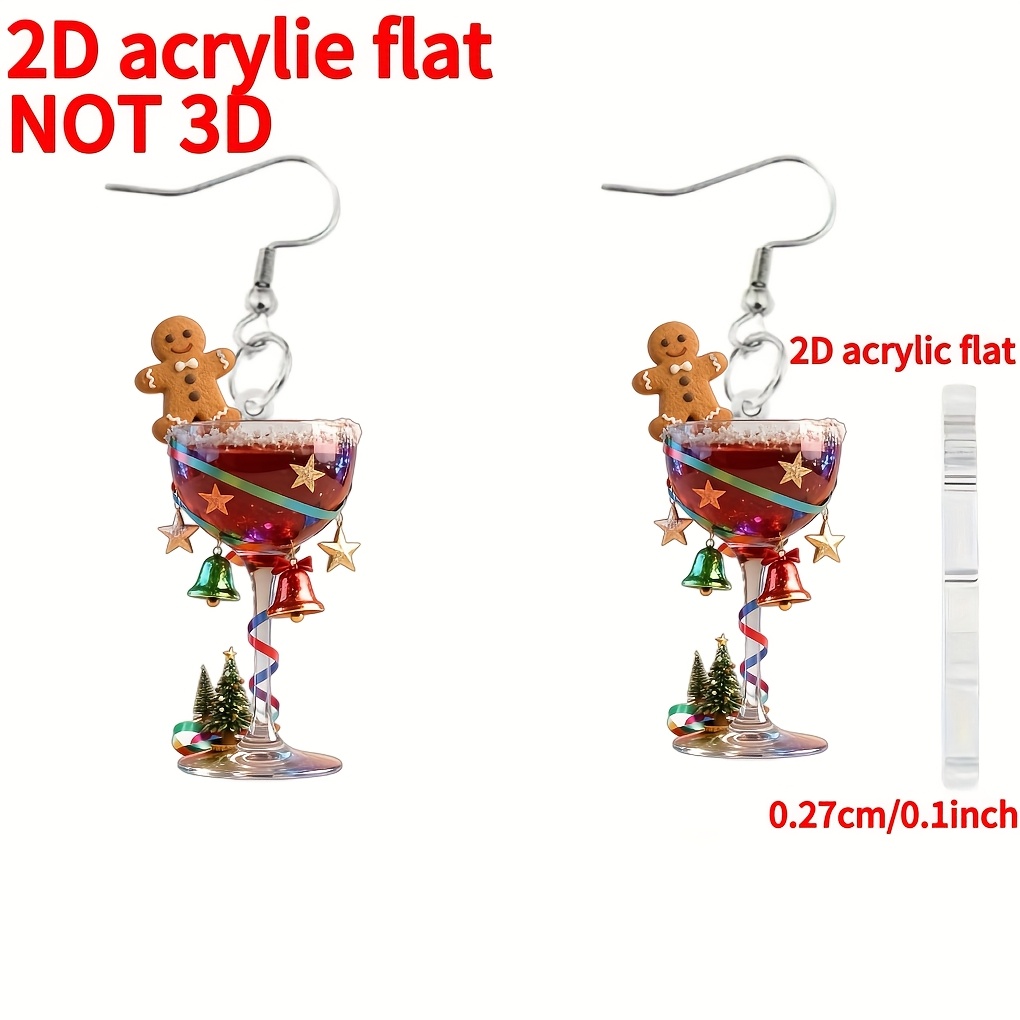 Image of 2d Flat - A Pair Of Novelty Earrings For Christmas, Featuring A Cute Red Wine . New 2d Acrylic Flat Earrings Are Trendy Additions For Women, Perfect As Festive Party Gifts, Without Battery