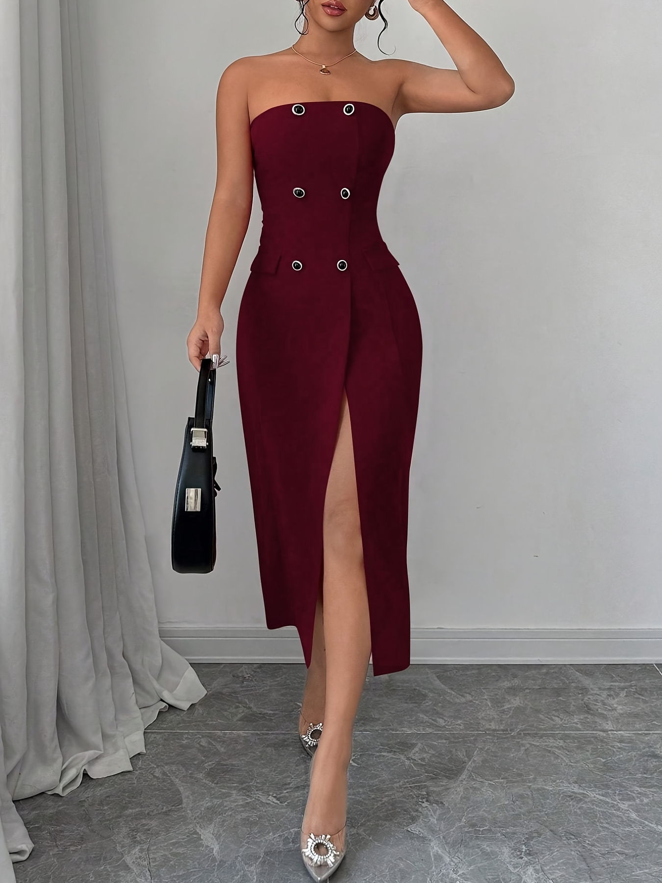 Europe and the United States Spring fashion women black slim sleeveless asymmetrical mid-length skirt foreign trade cross-border new mature Summer women round neck sexy bag buttock slit dress