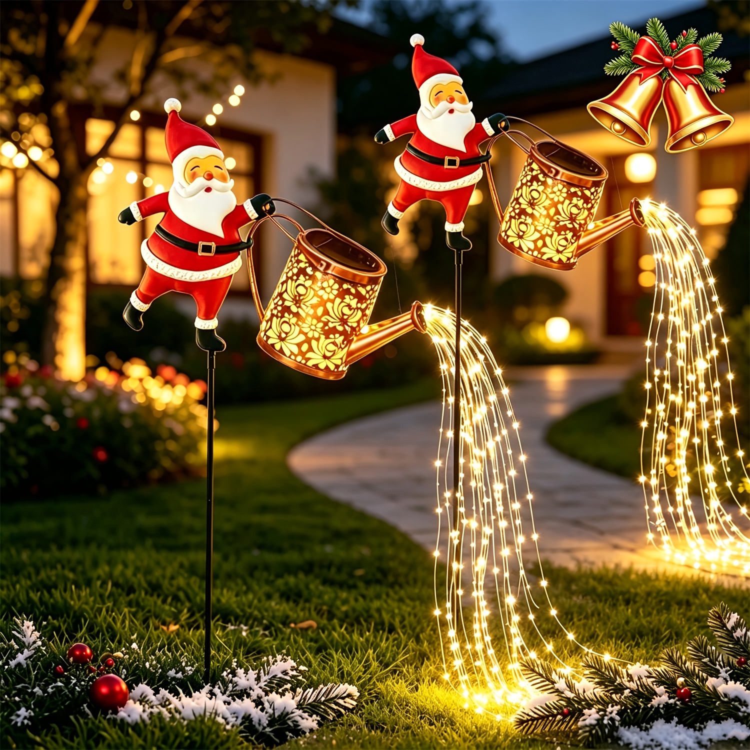 TEMU Juego de 2 estatuas de luz solares para exterior, luces de estaca de jardín de regadera de Papá Noel IP55, luces decorativas de jardín navideñas