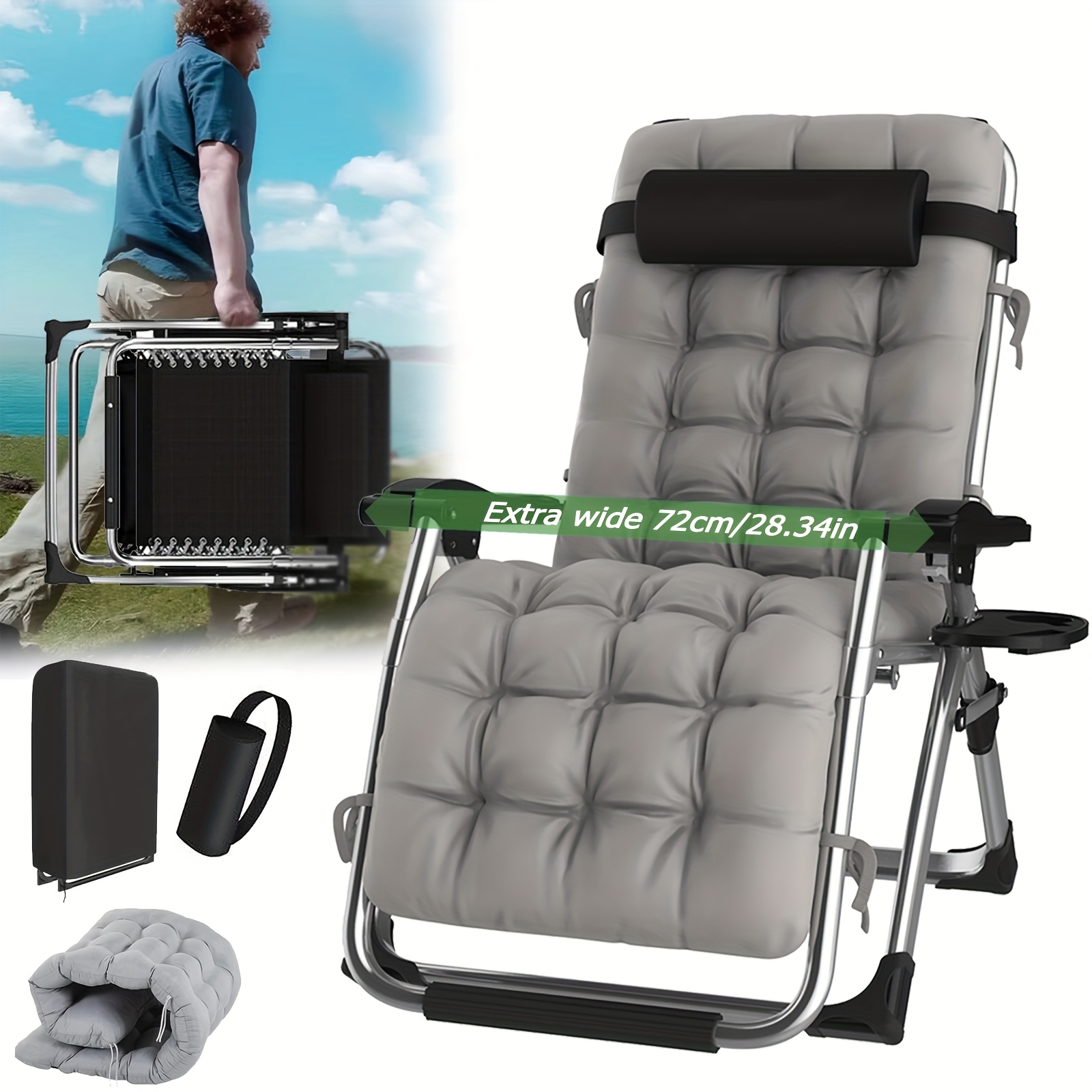 TEMU Sillón Reclinable de Extra Ancho 72Cm/28Pulgadas | Tumbona Plegable para Patio Exterior con Cojín y Reposacabezas Removibles, Chaise Lounge