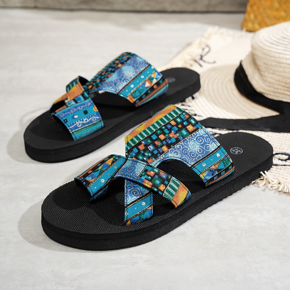 [Bohemian Slides] Comfortable Breathable Mesh Women's Slides | Flat Open Toe Slippers with Colorful Geometric Cover Patches, Casual Summer Outdoor Activity Footwear, Black, Red, or Brown, Rubber Sole, Faux Cover Insole