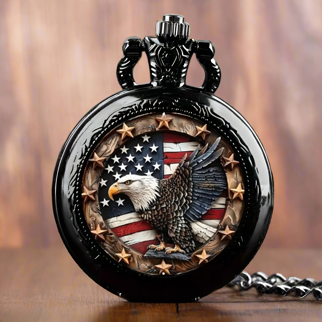 TEMU Vintage Pocket Watch With Eagle Design, American Motif Clock, Quartz Movement, Alloy Case, Men's Fashion Accessory
