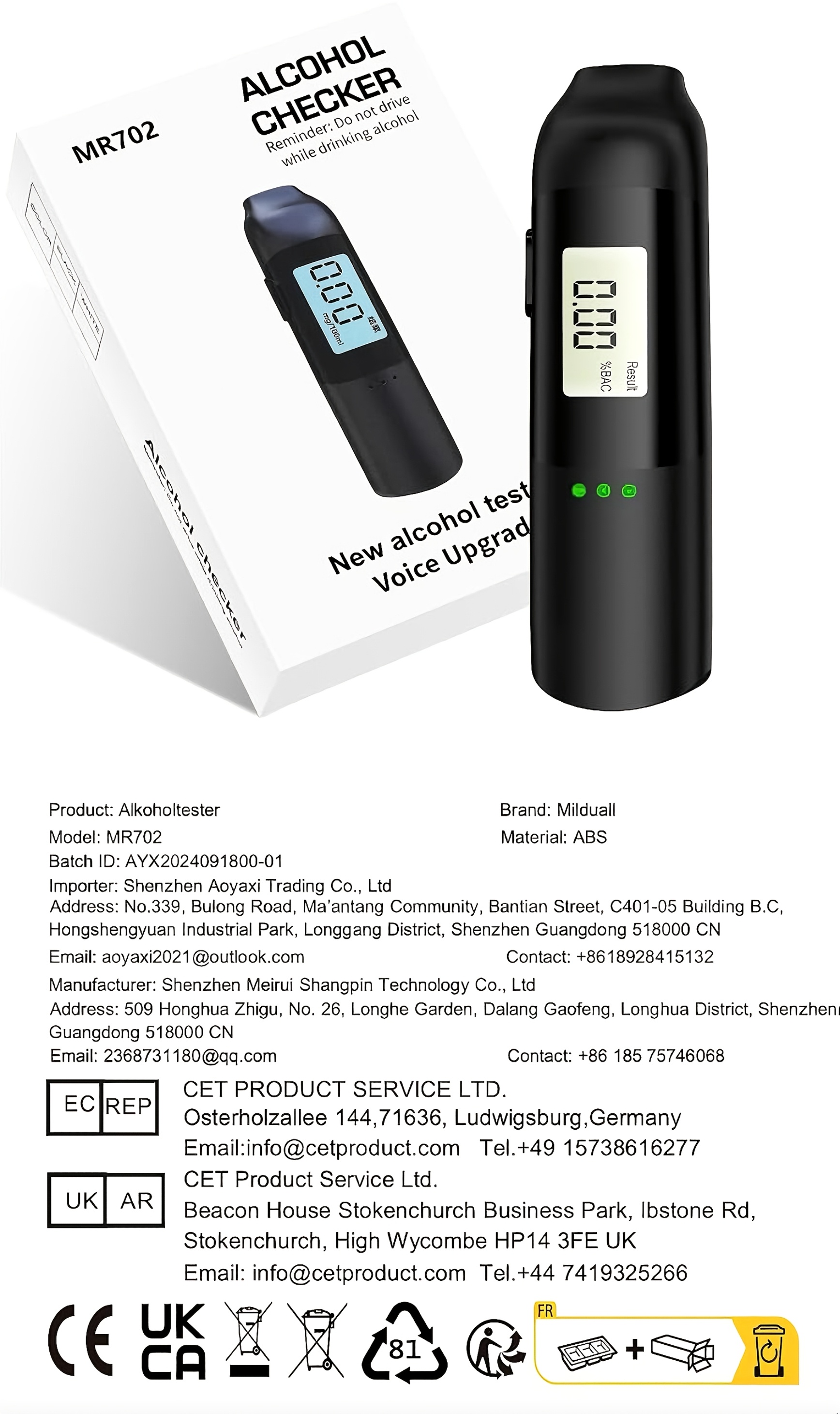 Pocket-Sized Digital Breathalyzer, breathalyzer alcohol tester, alcohol breath tester, Accurate and Sensitive Portable Alcohol Tester with LCD Display, Continuous Detection, Type-C Rechargeable, Suitable for Personal Individual, Queue, Roostertail Party, Etc