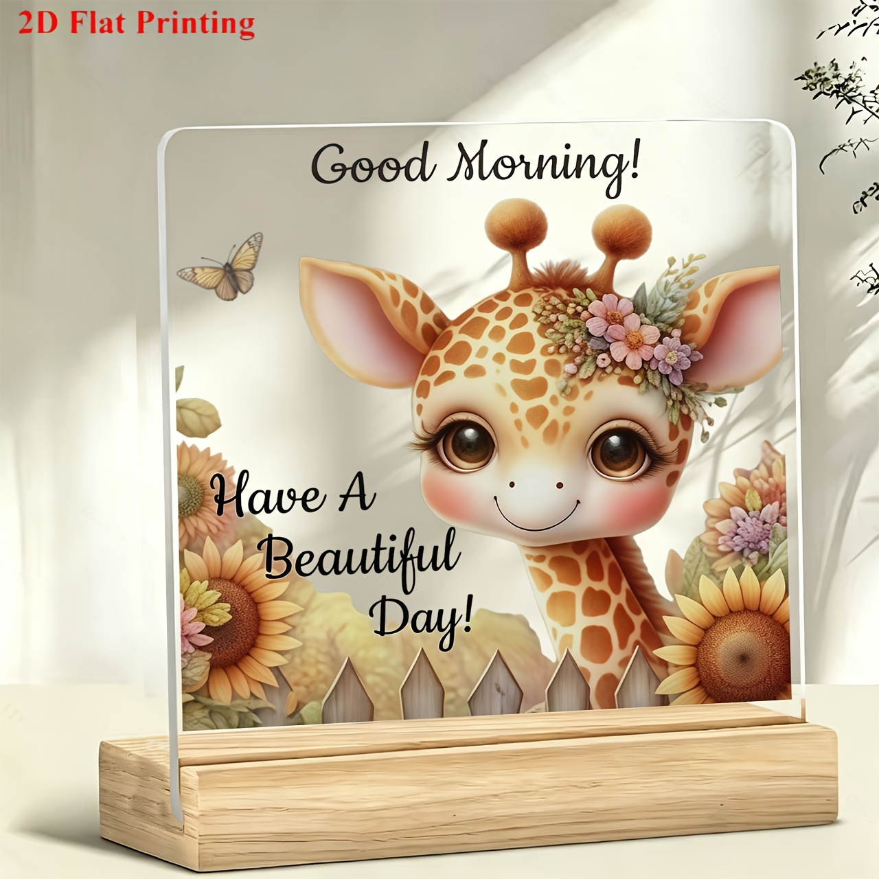 TEMU 1pc Acrylic Desktop Decorative Standee, Cute Giraffe With Floral, , And Sunflower Pattern Paperweight, Desktop Decoration, Suitable For Work,