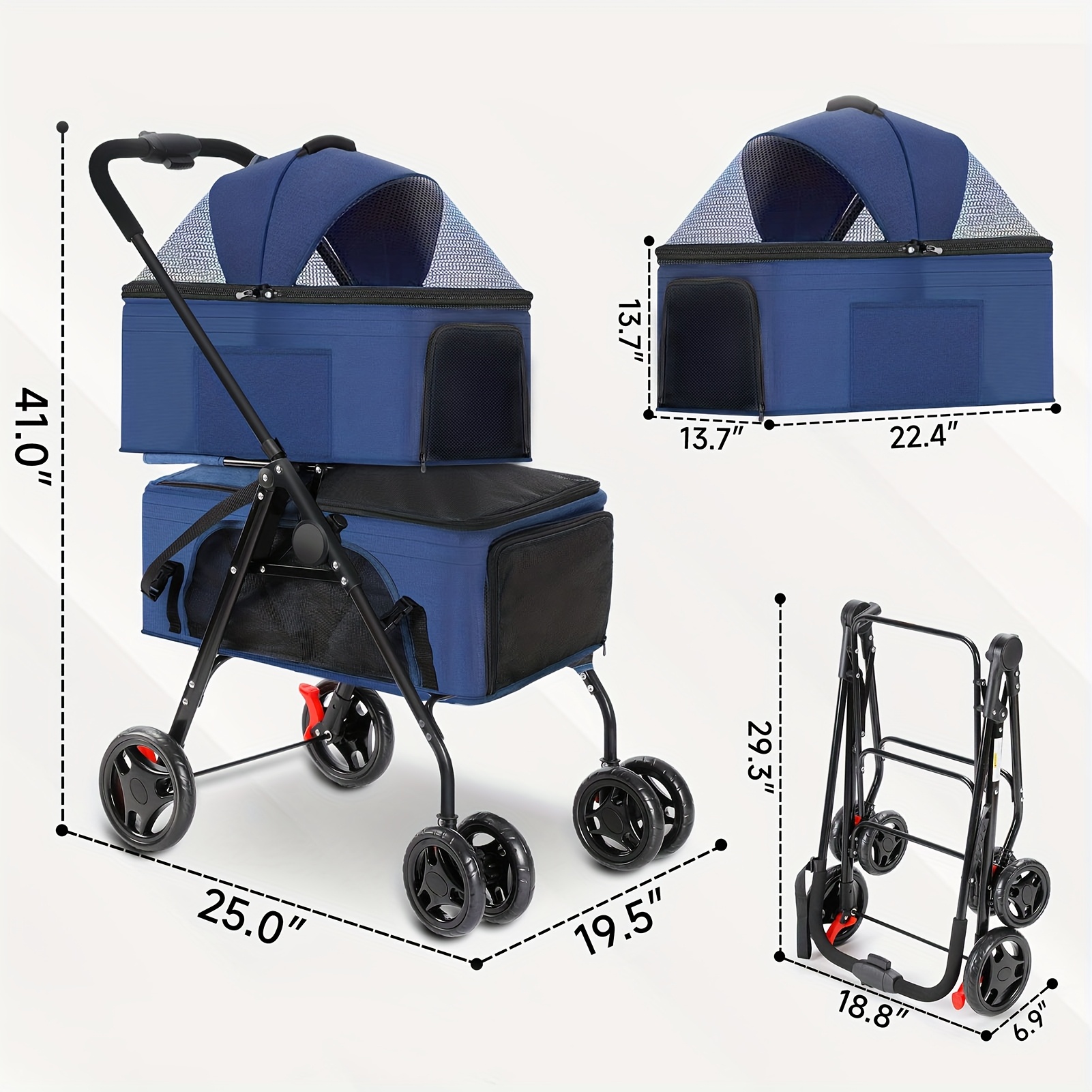 TEMU Blue Double Pet Strollers, Dog Strollers For 2 Small Dogs Or Cats, Strollers With 2 Detachable Carrier Bags, Folding Dog Strollers With 4
