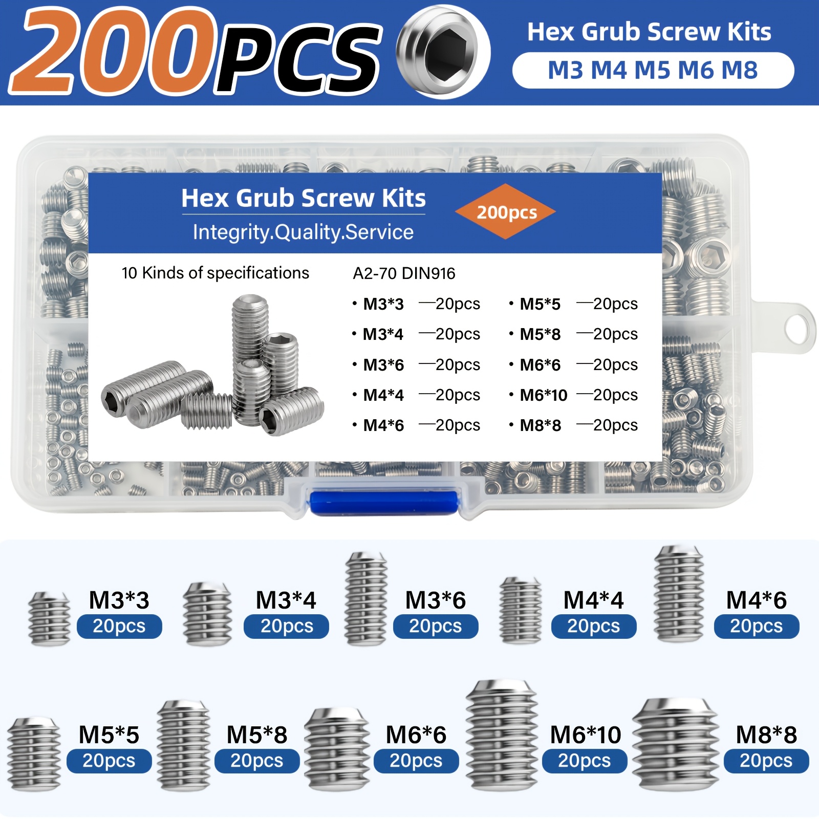 TEMU 200pcs 304 Stainless Steel Metric Internal Hex Grub Set Screw Assortment Kit, 10 Sizes M3-m8, Wear-resistant And Long-, With Plastic Storage