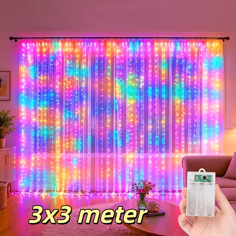 TEMU Guirnalda de luces de cortina con 300/200 LED, funciona con pilas AA (pilas no incluidas), luces de cortina interiores coloridas, 8 ajustables,