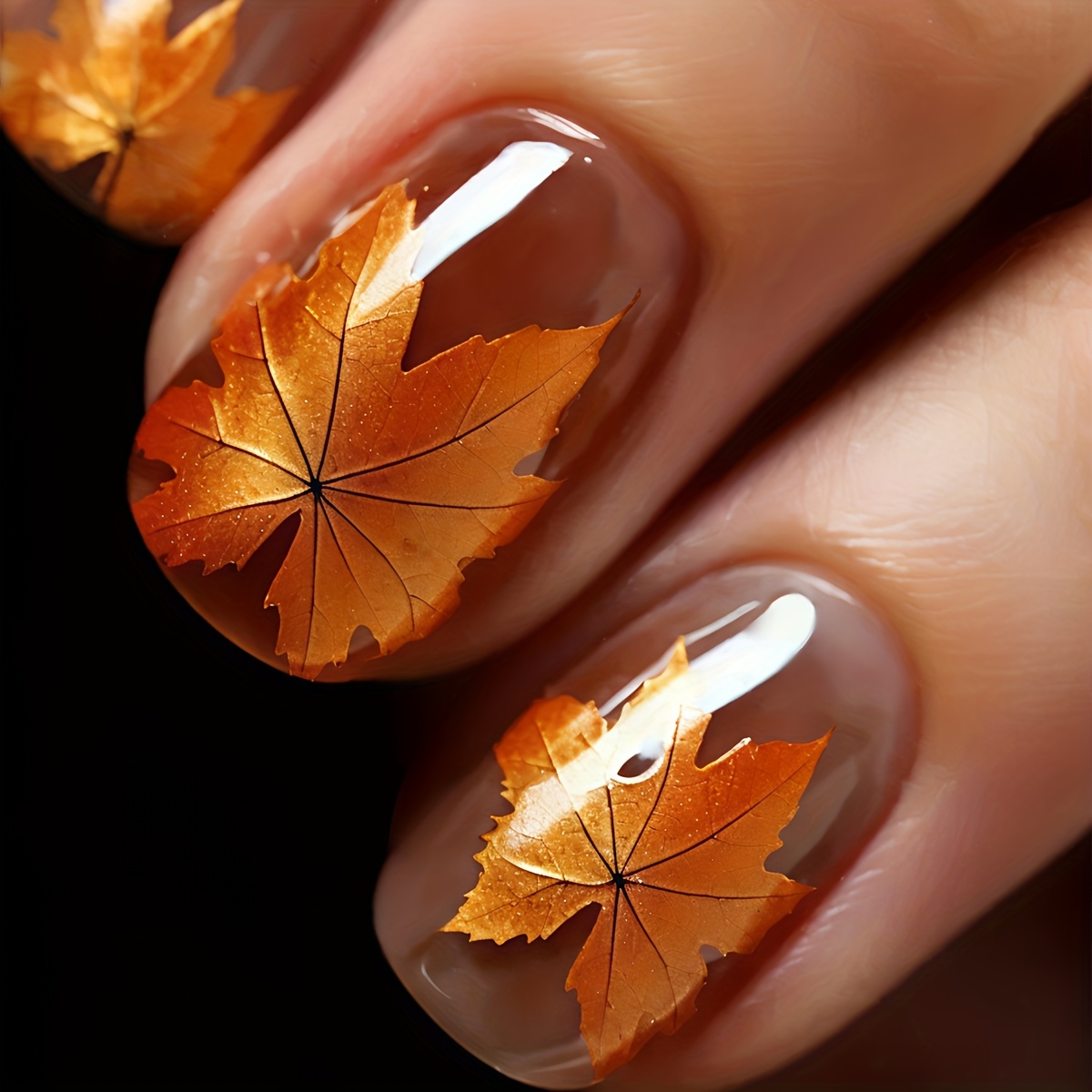 TEMU 24pcs Faux Ongles Courts Effet Brillant Jaune Feuille d'Érable, Feuilles d'Ongles Marron Amovibles, Feuilles d'Ongles Autocollantes, Ongles