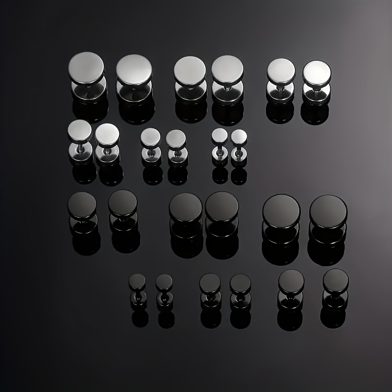 

12pcs Men' Steel Barbell Stud Earrings Set - Black & Silvery, Fashion Accessories, 3mm-8mm Sizes