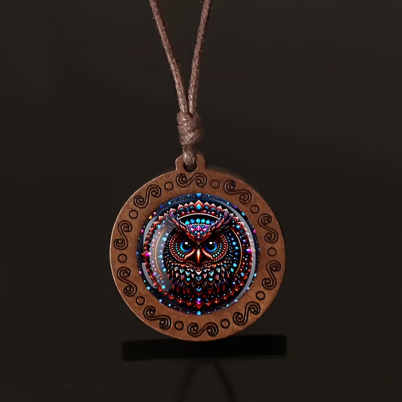 Painted Owl Wooden Pendant Necklace, Vintage-style Gift