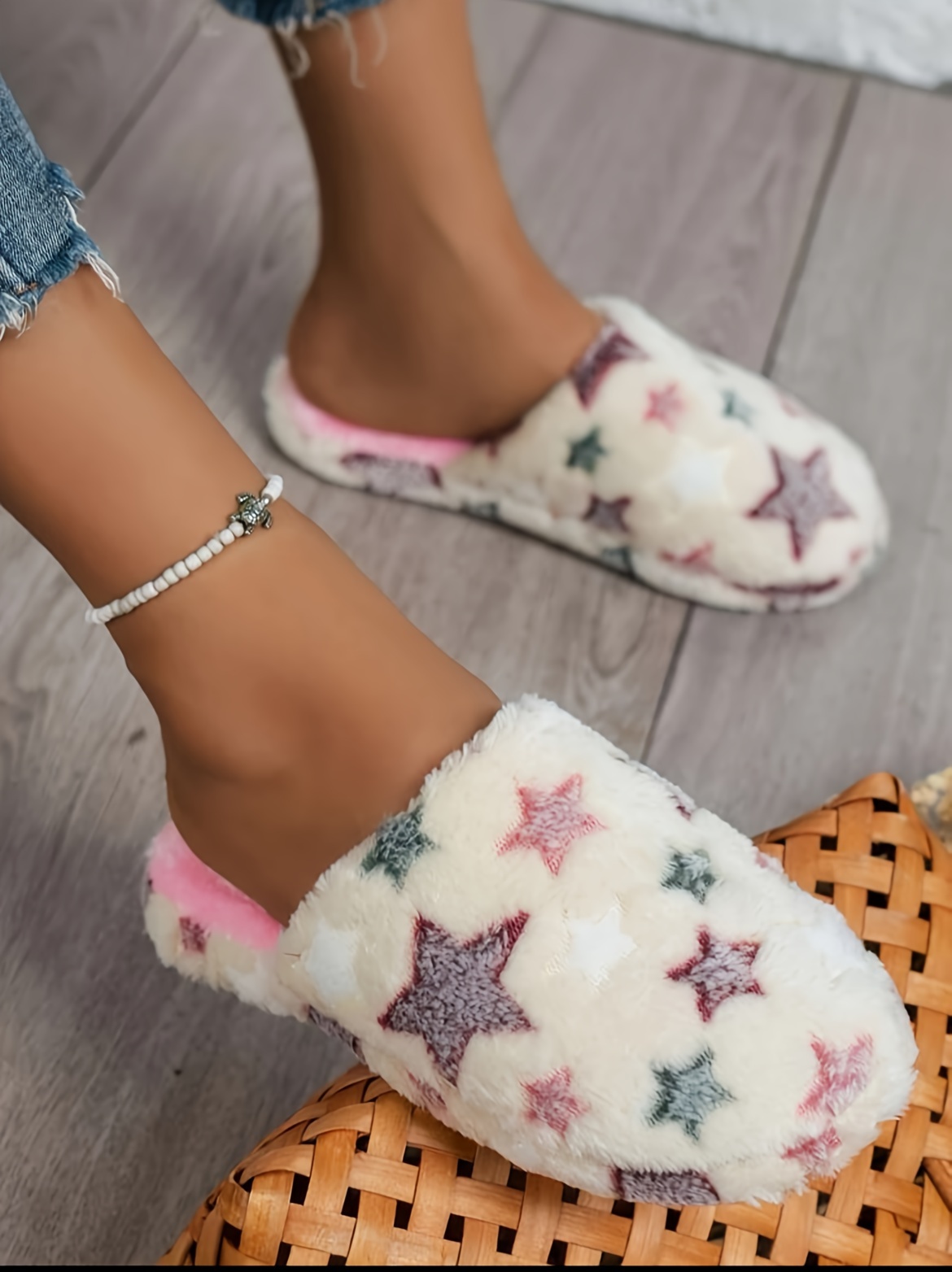 Women's Cozy Star Patterned Plush Slippers, Colorful Plush Lined Home Footwear, Soft Indoor Warm Comfortable Fit