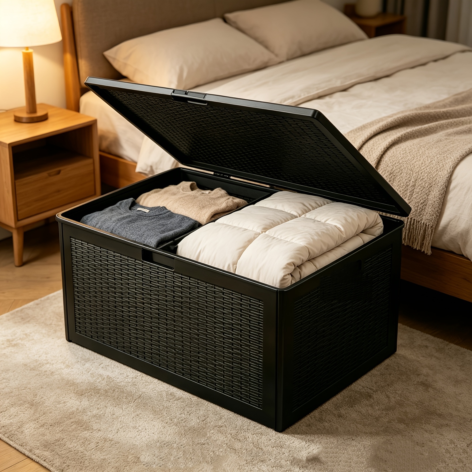Black Storage Box with Lid, Sturdy Large Storage Container for Bedroom Clothing Pillow Organizing, Multipurpose Household Storage Trunk Organization Essential Space Saver Storage Bin