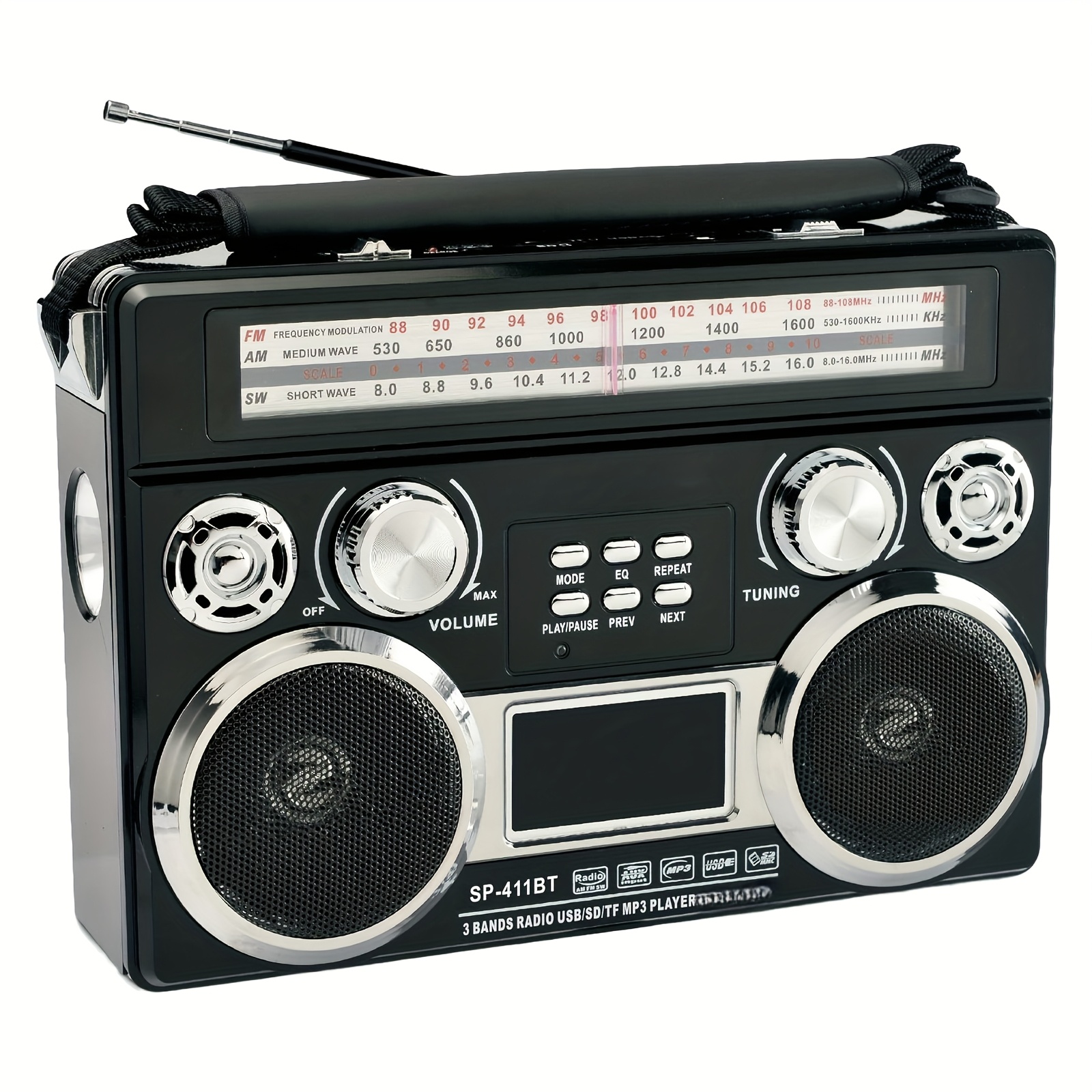 TEMU Portable 3-band Radio With Wireless, Solar Panel, And Led Flashlight, Retro Wireless Speaker, Am/fm/sw Receiver With Mp3 , Telescopic Antenna, ,
