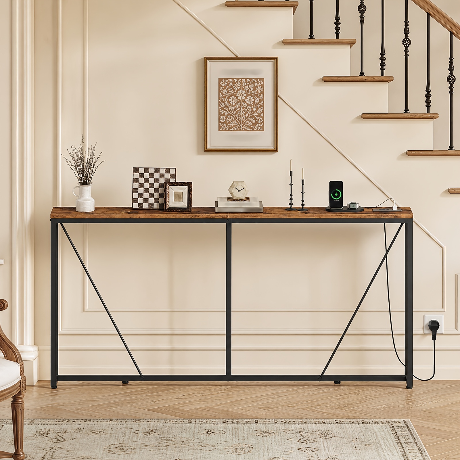 Image of Narrow Console Table, Long Console Table, With Charging Station, Trapezoidal Support, Stable Structure, Suitable For Entryway, Foyer, Hallway