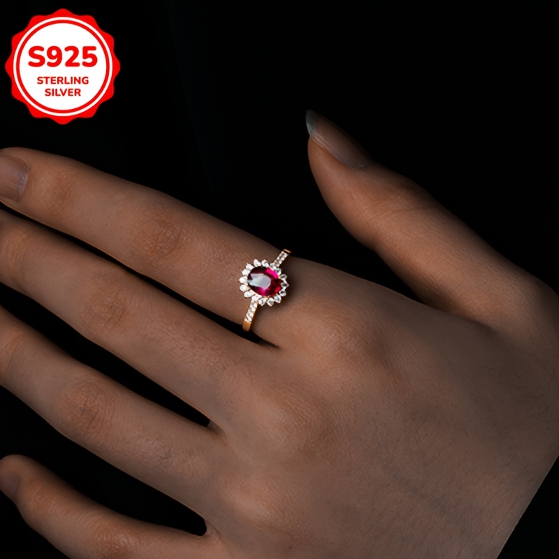 Floral Red Garnet & Cubic Zirconia Ring S925 Sterling Silver