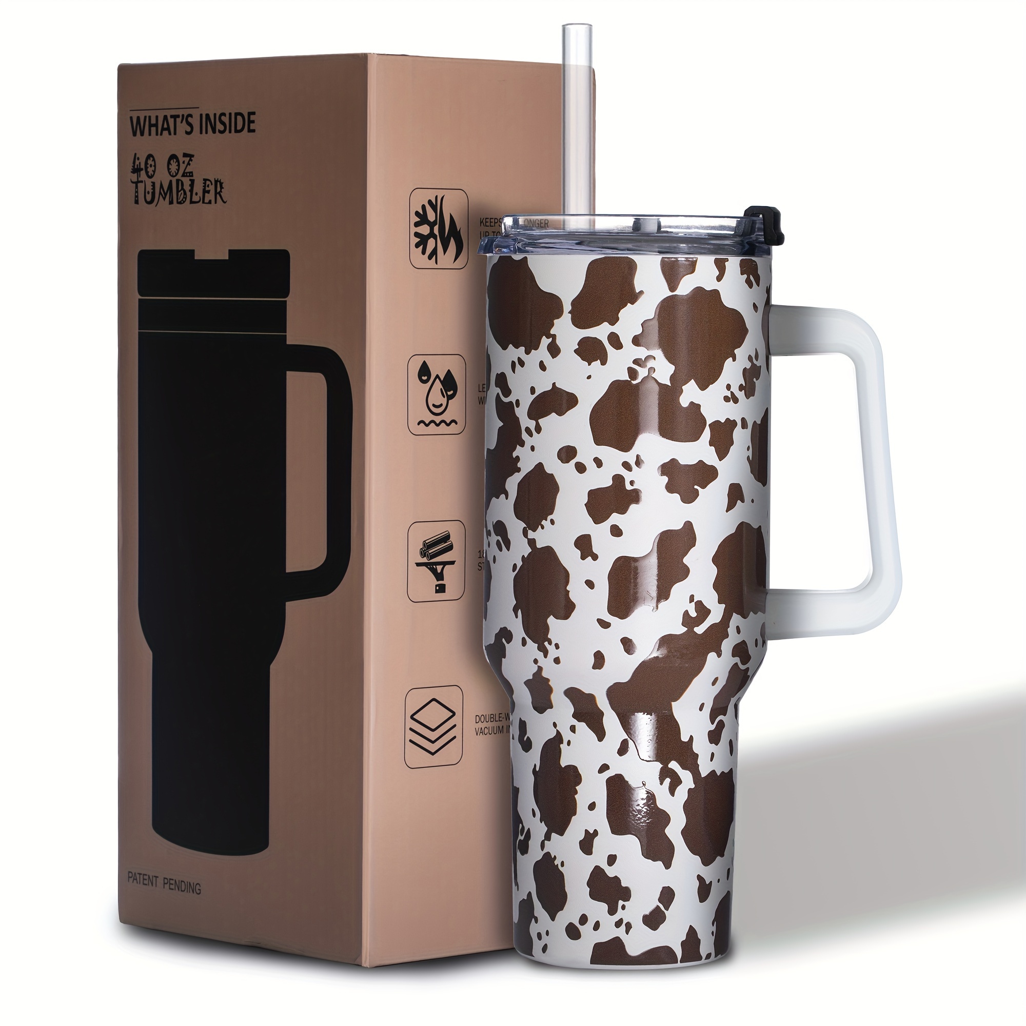 

Brown Cow Print 40 Oz Tumbler With Handle - Stainless Steel Cup With Straw - Insulated Coffee Mug With Lid - Brown Cow Print Birthday Gifts For Women - Hand Wash Only