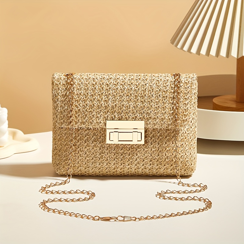 TEMU Sac bandoulière pour femme avec bandoulière chaîne, sac à main d'été de plage en paille à rabat, accessoire élégant, sac à bandoulière pour