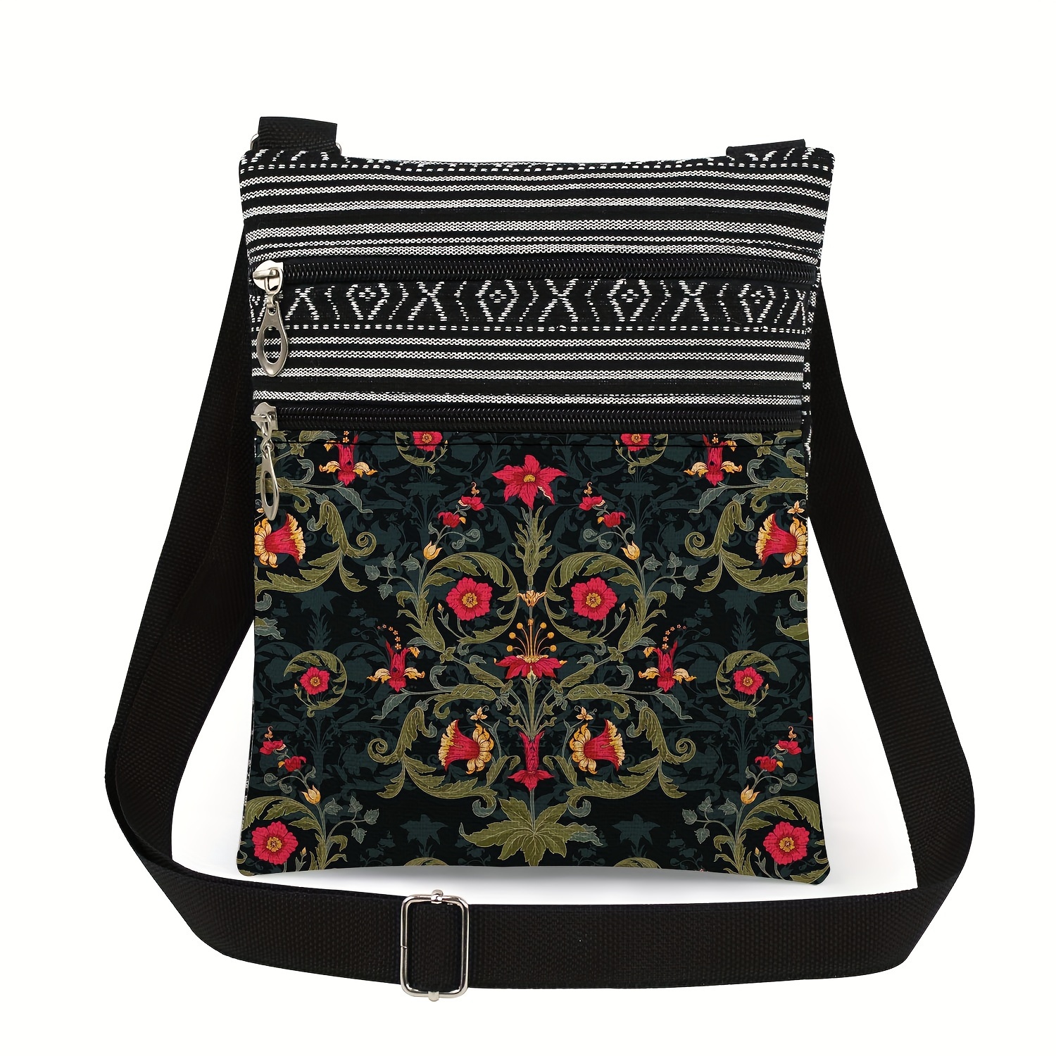 

Sac à bandoulière pour femme, imprimé floral, bandoulière réglable, sac à bandoulière léger avec fermeture éclair, pochette d'épaule de voyage décontractée