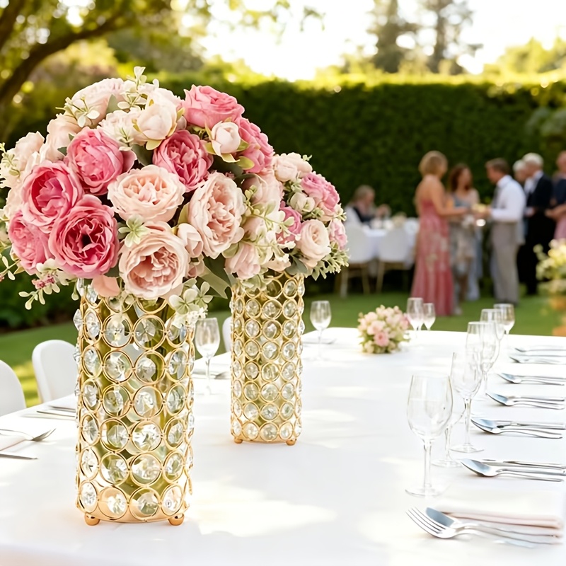 TEMU 2pcs Bohemian Crystal And Cast Iron Flower Vase - 7.87-inch Tall Wedding Centerpiece With Crystal Beads, Cylindrical Floral Vase Suitable For
