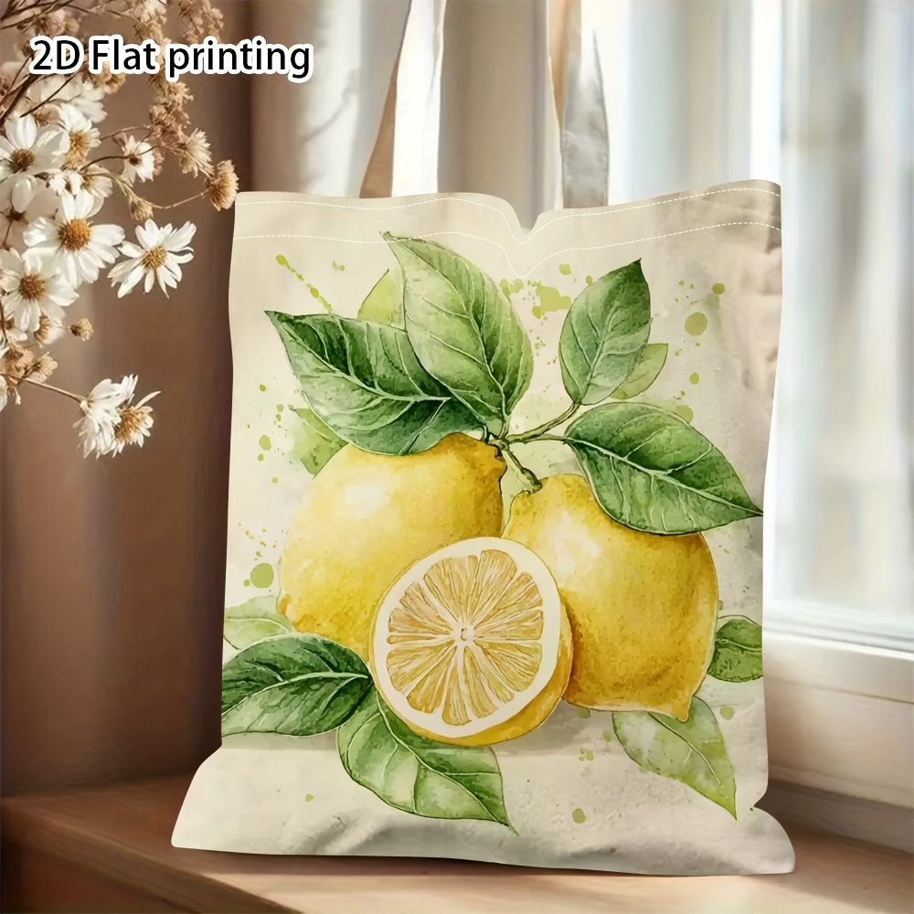 TEMU 1pz Borsa Tote Limone - Grande Borsa della Riutilizzabile con Stampa Limone, Design Fetta e Foglia di Limone, Verde Limone e Beige, Resistente,