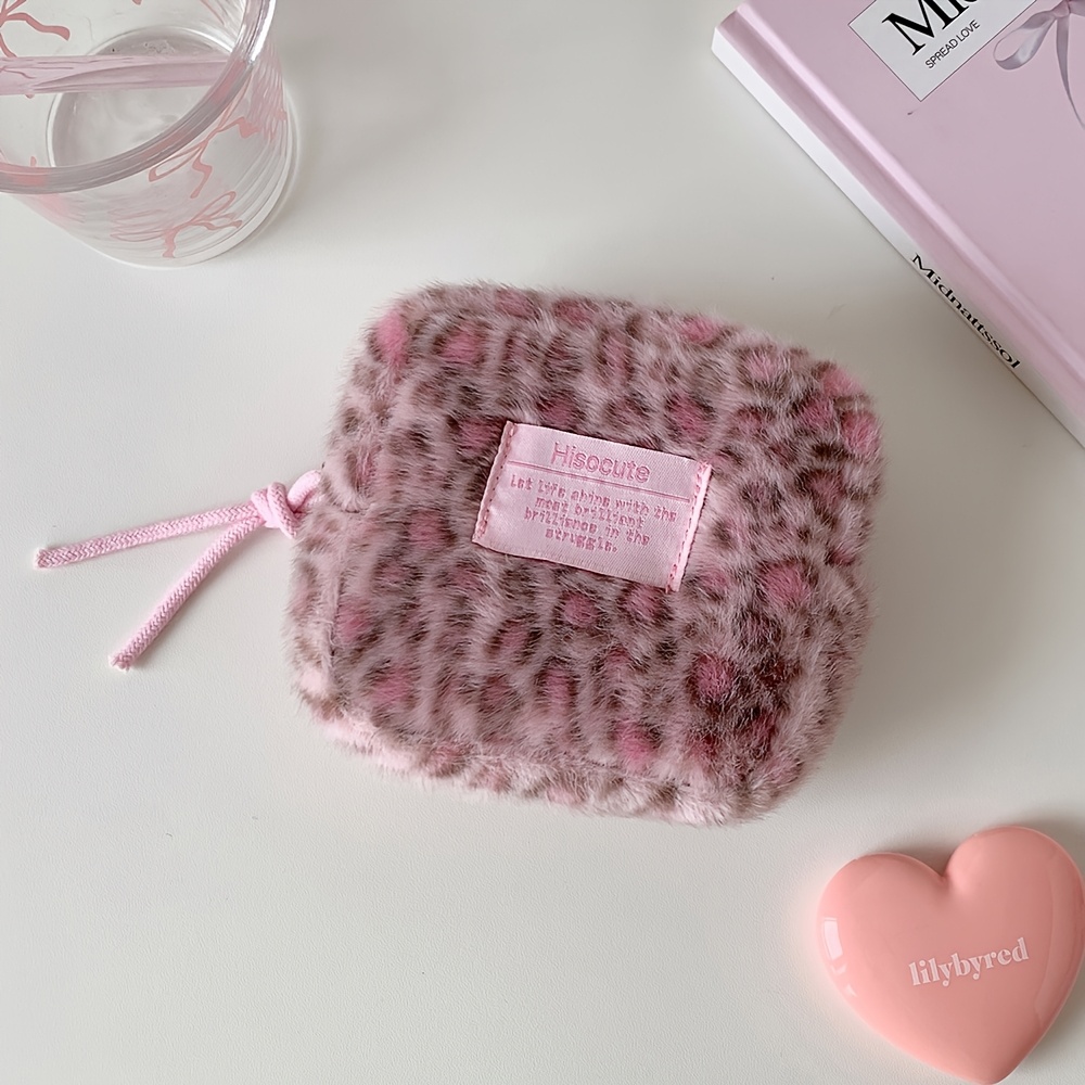 TEMU 1pc 6-color Leopard Print Plush Cosmetic Bag Winter Warm Mini Square Makeup Bag Lipstick Box Makeup Storage Bag, Multi-functional Design For