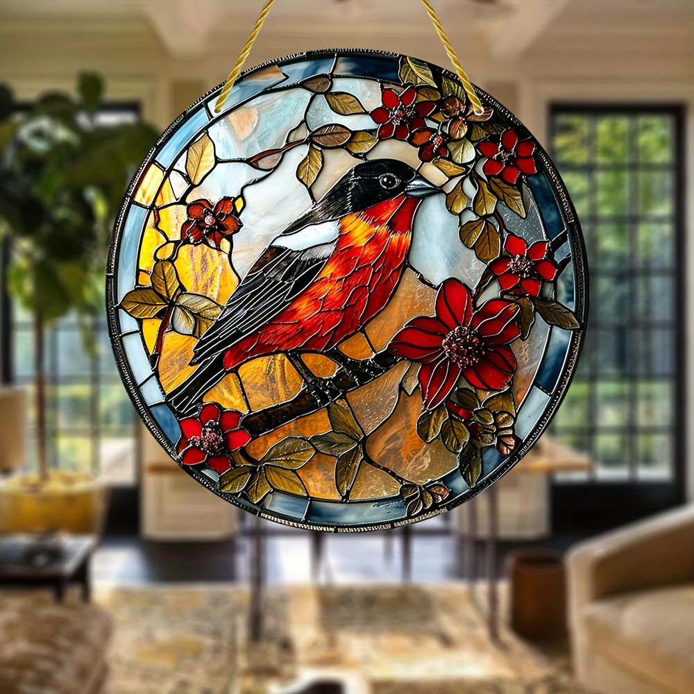 Red Robin Bird Ornament, Fused Glass Bird Sun Catcher, Garden Yard