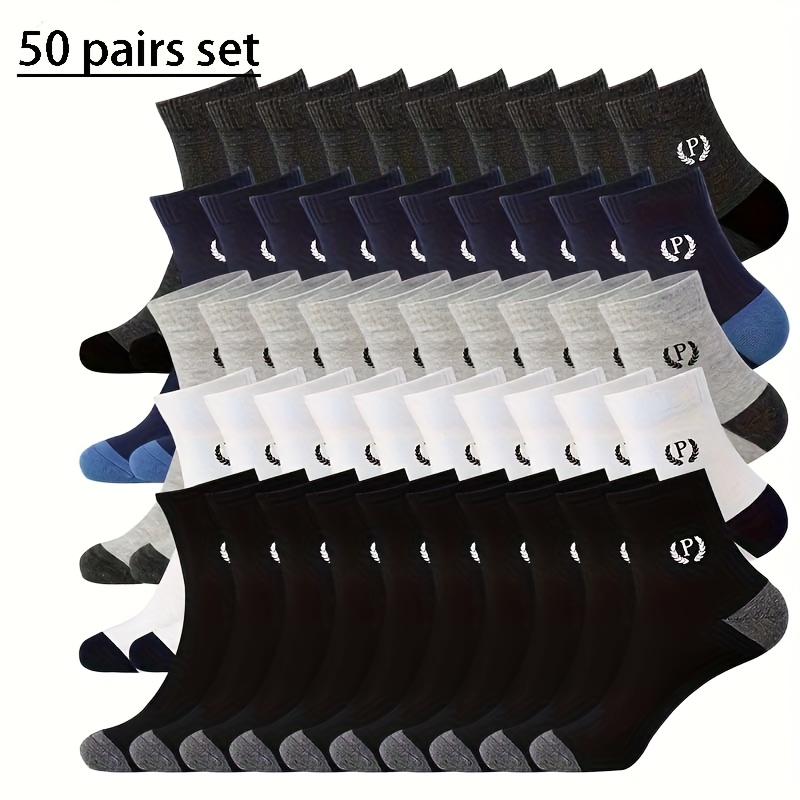 TEMU Pairs Men's Mid-calf Athletic Socks - Breathable Sweat Absorbent, Elastic Ribbed Cuff, Pc For Sports & Casual Wear