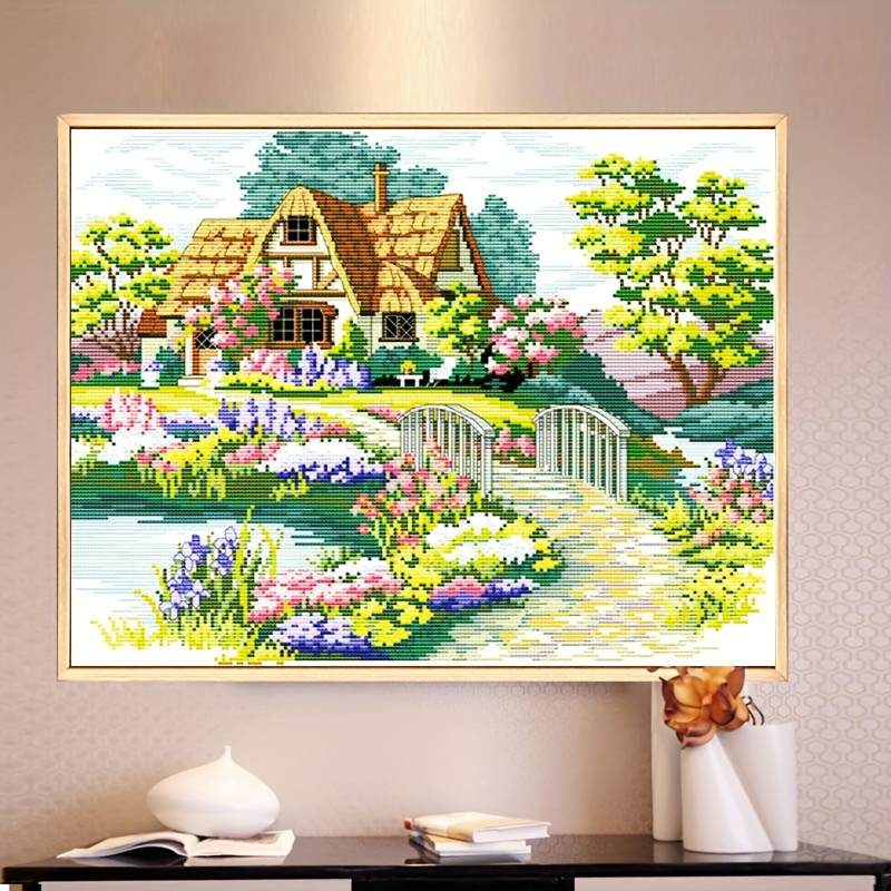 

11ct Stamped Cross Stitch Kit, Garden Cottage Design With Bridge And Florals, Diy Embroidery Kit For Living Room Bedroom, Pre-printed Fabric Crafts, Seasonal Flower Theme, Mixed Color Palette