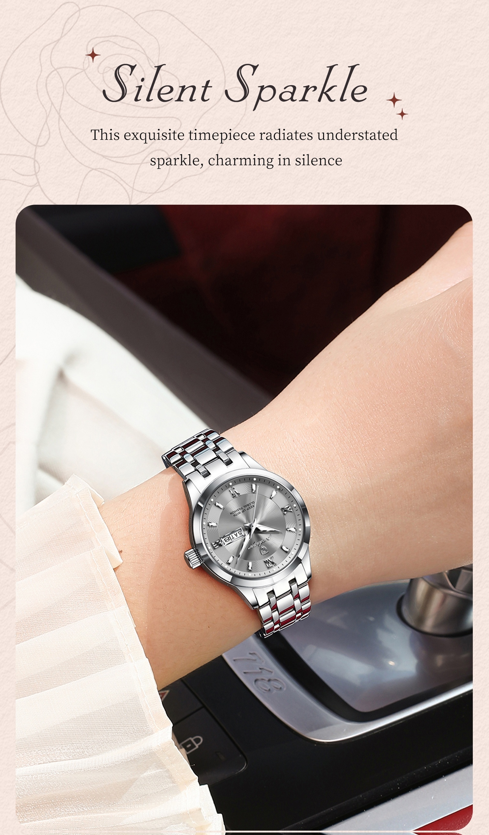 Ladies' Vintage Elegant Steel Strap Watch, Stainless Steel Quartz Wristwatch, Luminous Weekly Calendar Watch for Women