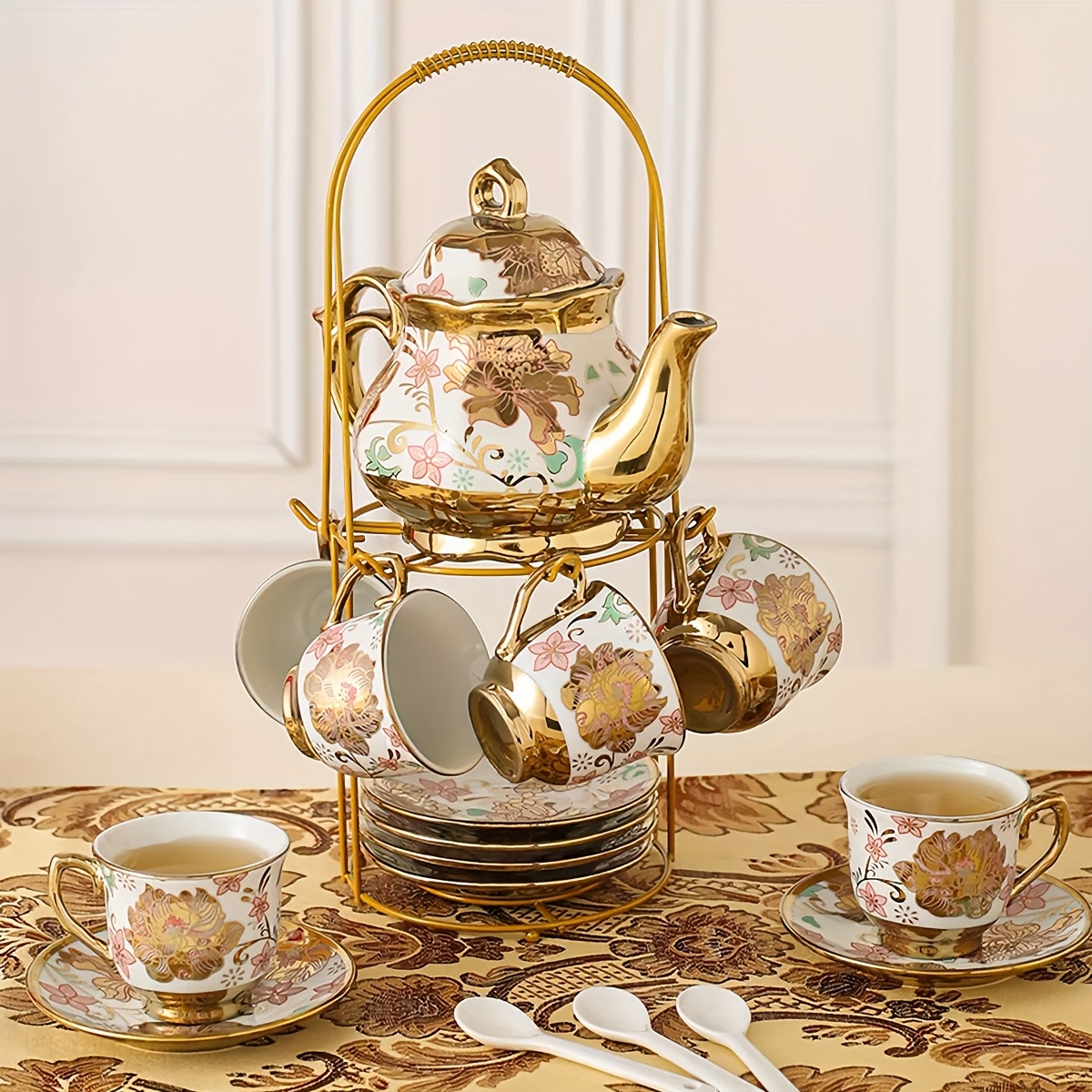 20pcs porcelain floral espresso tea set metal holder 15oz - Temu