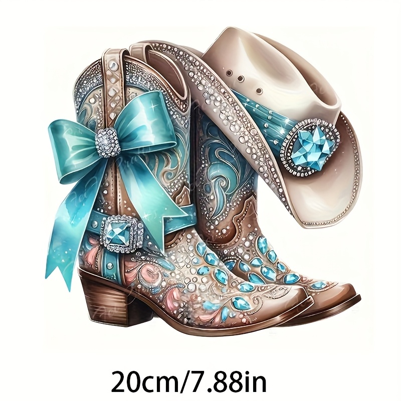 TEMU 4 Durable Washable Iron-on Patches, Cowboy Boot Shaped - Blue And Pink Floral Embellishments, Vinyl Heat Transfer Stickers For T-shirts,