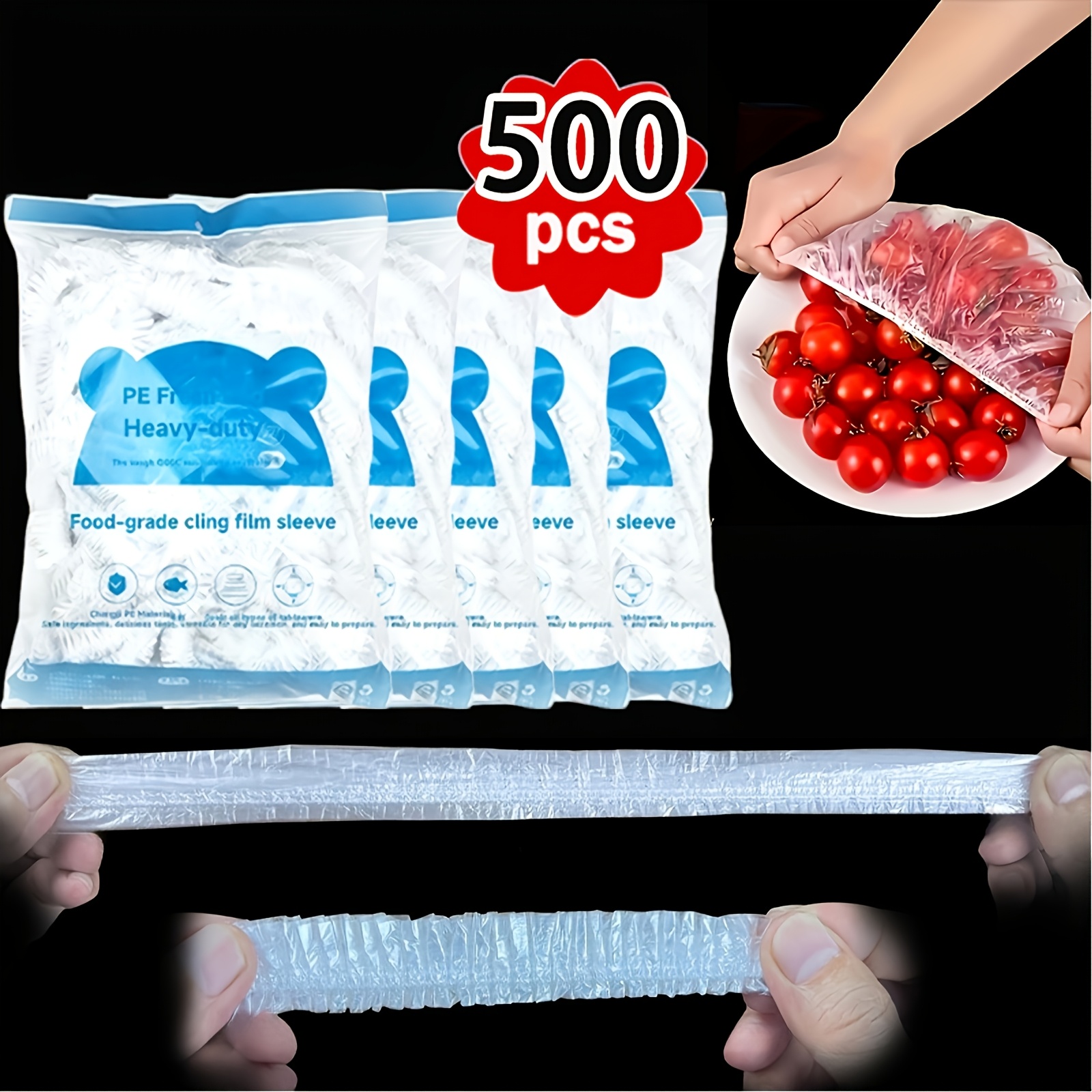 TEMU 500pcs Reusable Elastic Food Covers, Clear Stretchable Plastic, Thickened And Durable, Insect-proof And Airtight, For Bowls, Plates, Containers,