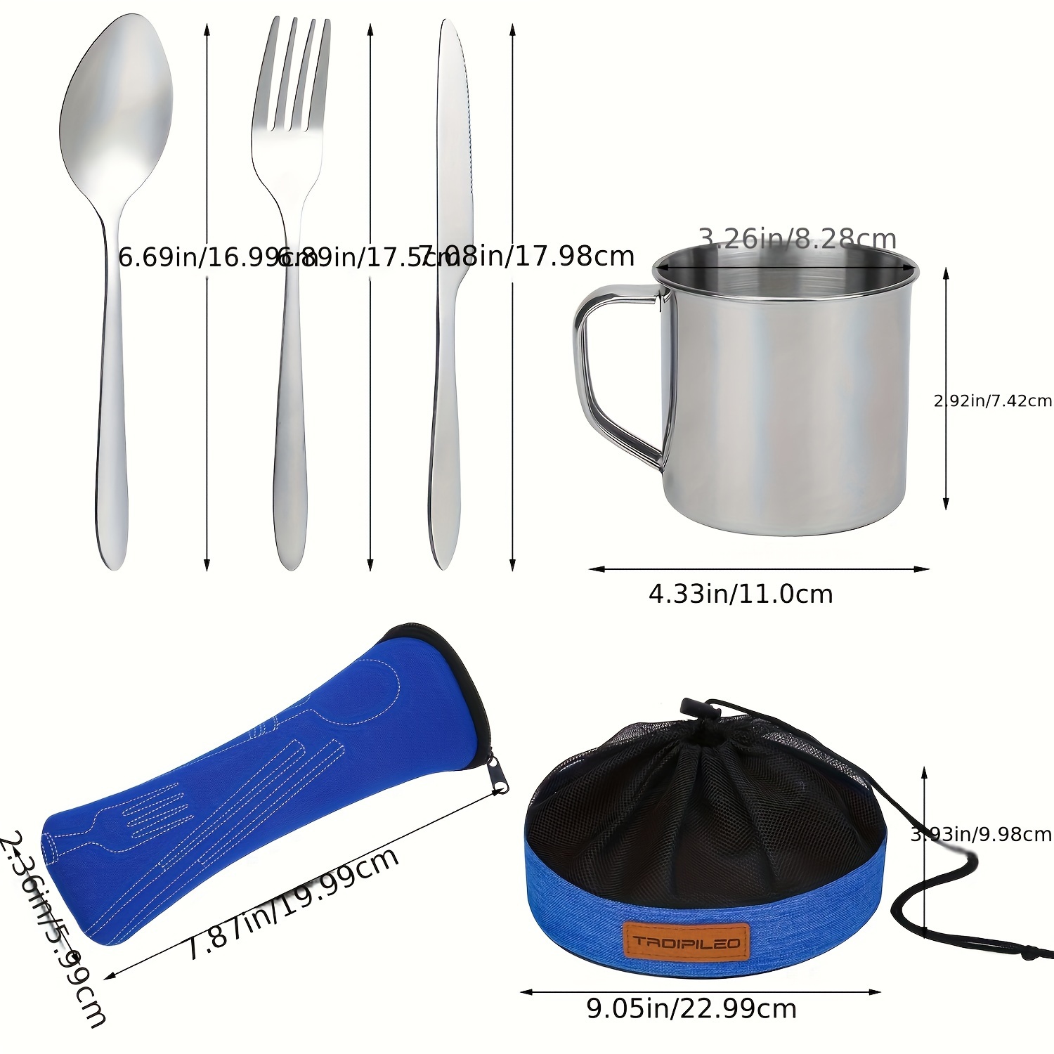 TEMU Camping Cutlery Set 8 Piece Stainless Steel Cutlery Set With Cutlery, Spoons, Cups, Bowls And Plates, Wipes, Storage Strap, Easy To Carry For Backpacking, Camping, Hiking And Picnicking