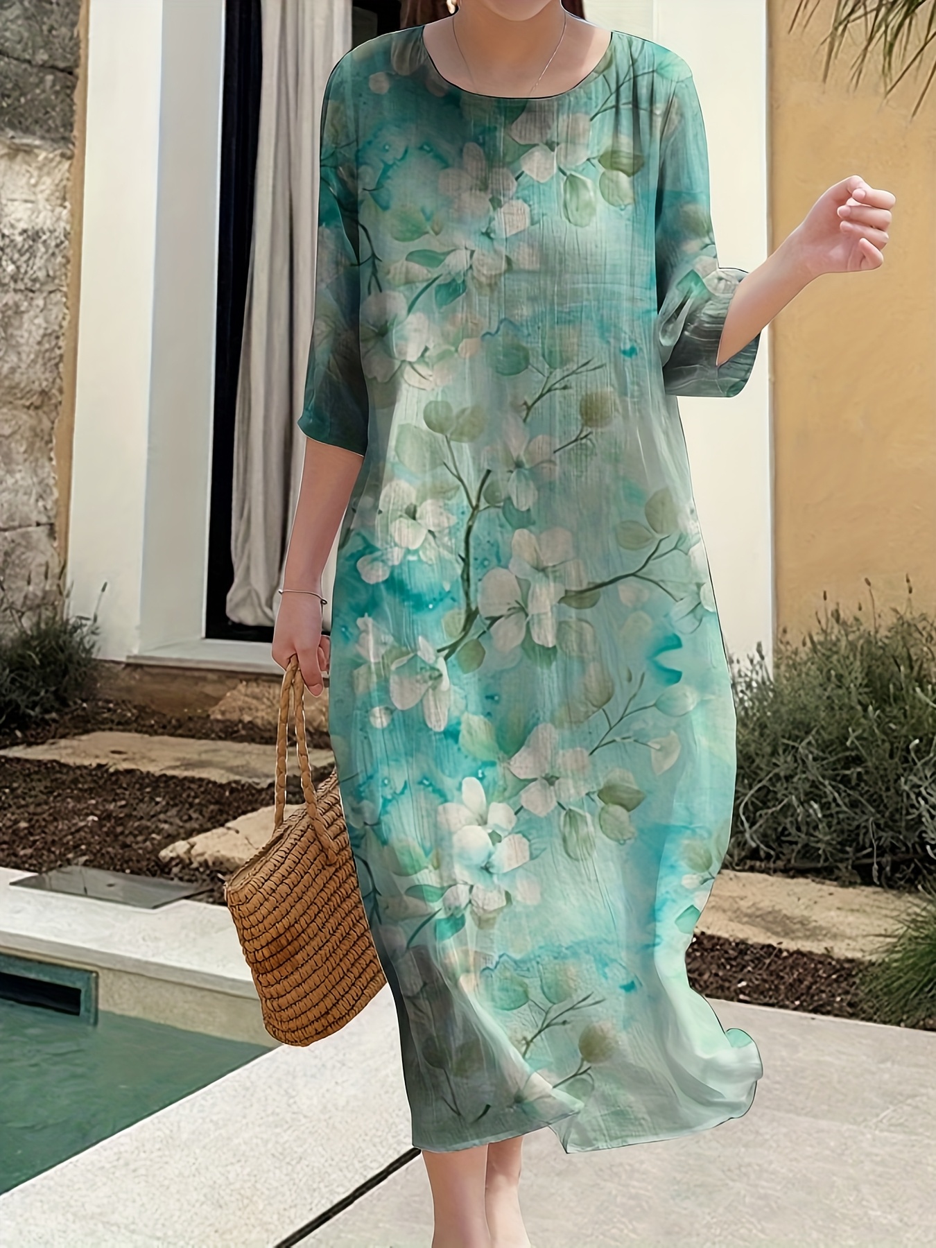 Plus Size, Women's Plus Size Casual Three-Quarter Sleeve Dress - Breathable  Lightweight Fabric, Vintage Leaf Print, Relaxed Fit for Beach & Outdoor  Wear, Spring Summer Fall, Summer Fashion, Flowing ...