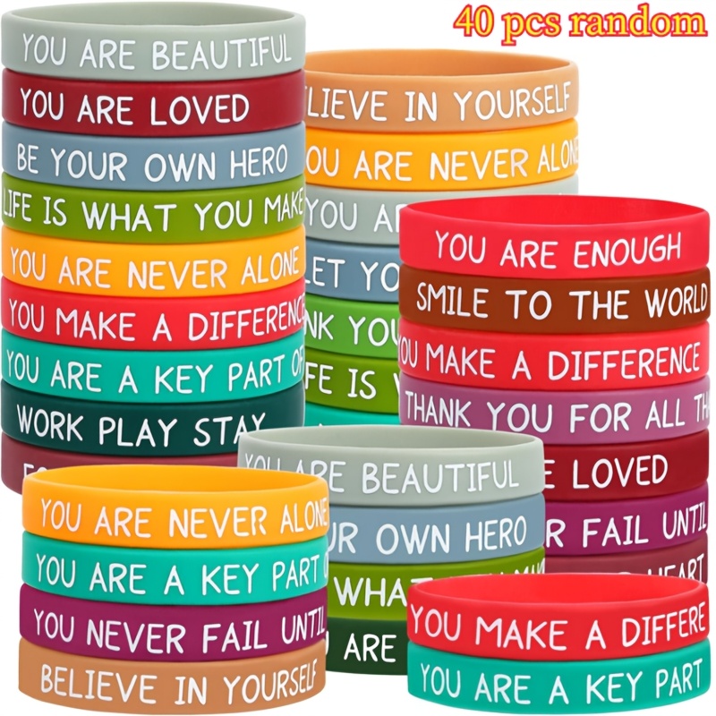 TEMU Random 40pcs, Multi-item Party Favor Packs, Motivational Bracelets Bulk Colored Inspirational Wristbands Unisex For Teacher Office Prizes Gifts