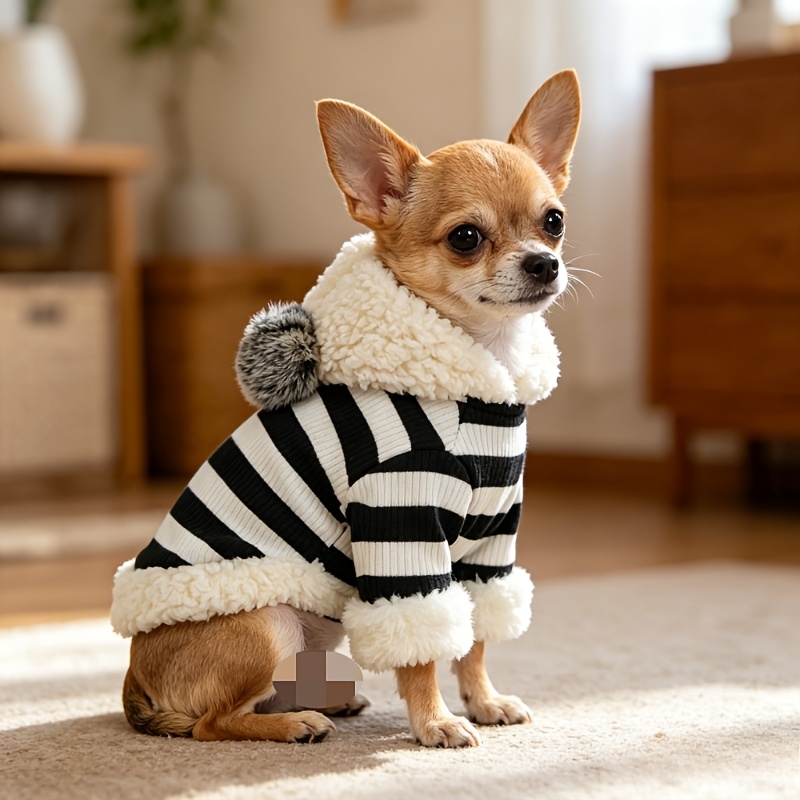 plushball hooded pet sweatshirt black and white striped lined dog clothes teddy chihuahua   winter warm pullover Product details 2