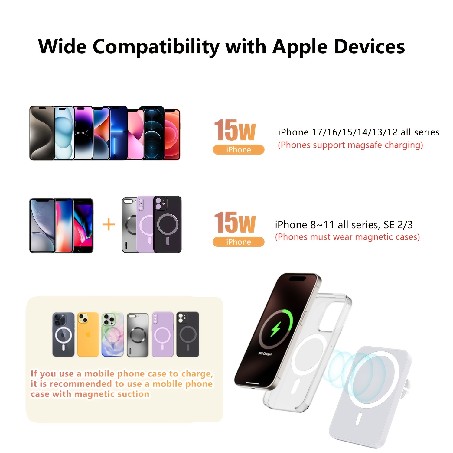 15w magnetic car wireless charger for iphone 17 16 15 14 13 12 pro   fast charging usb powered magnetic mount   white blue   options car phone charger sleek phone accessory modern phone accessory Product details 0
