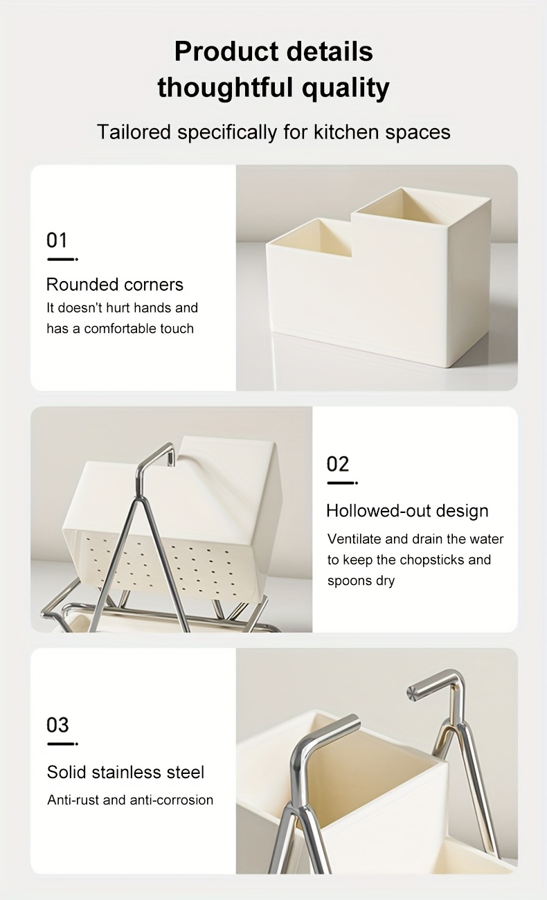 1pc cream white stainless steel utensil holder with   multifunctional kitchen countertop organizer for cooking utensils knives spoons and forks dining room accessory triangular design metal utensil holder kitchen utensils Product details 2