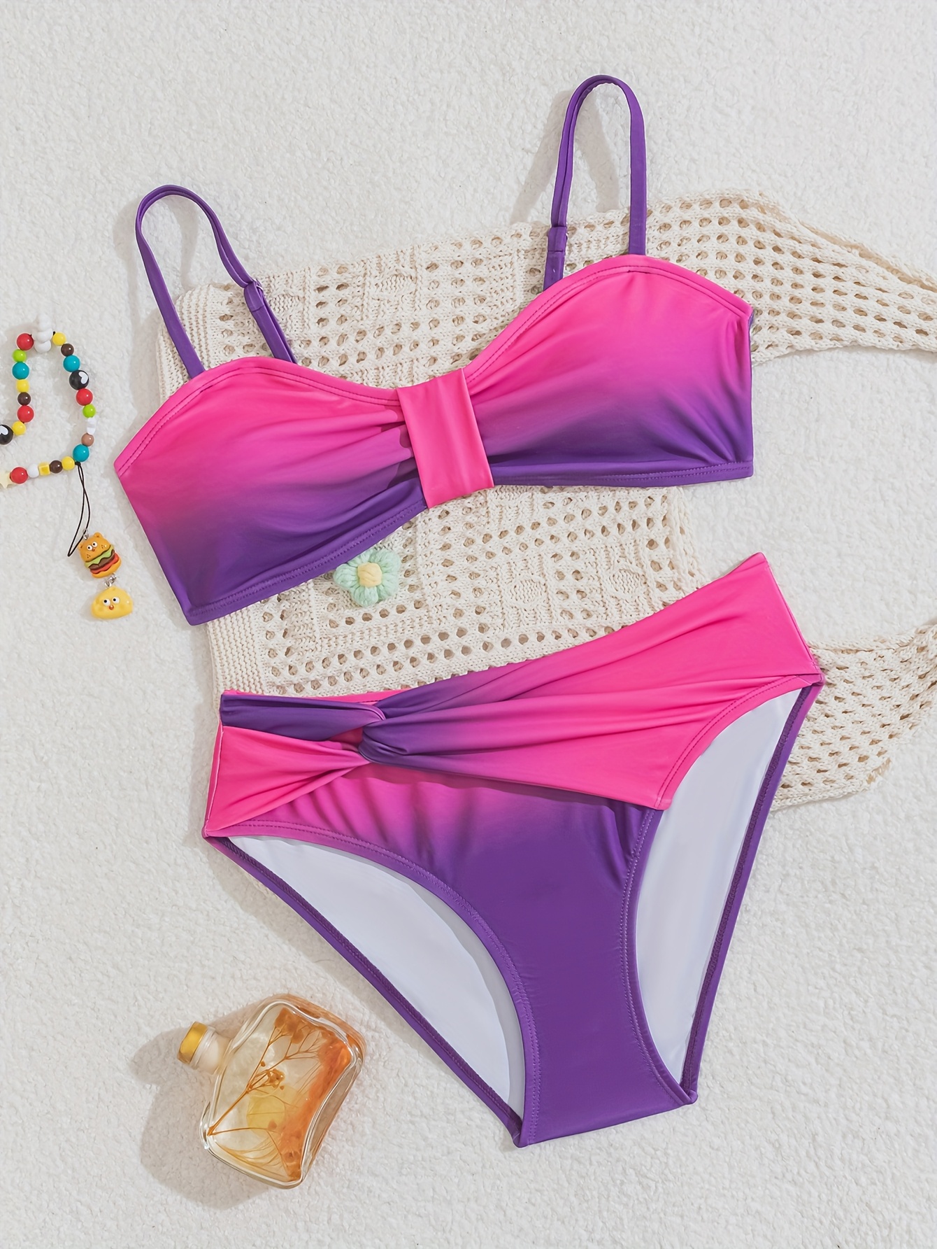 womens orange to white gradient bikini set with ruched detail high stretch polyester fabric lace up straps and removable padding fashionable beachwear for summer beach attire ruched detail design polyester fabric