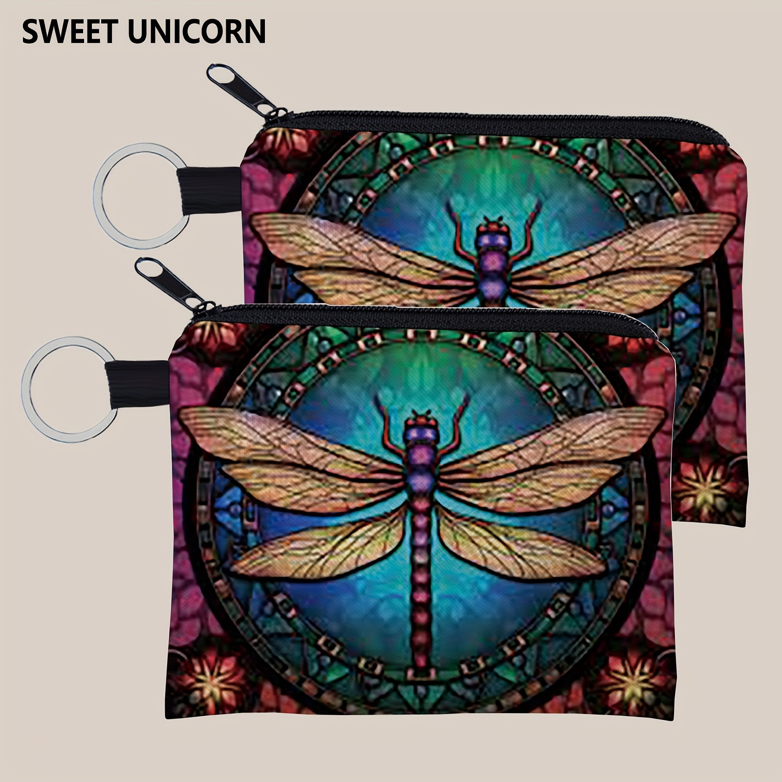 

2-pack Dragonfly Print Polyester Coin Pouches With Keychain - Lightweight Zippered Mini Wallets For Women And Girls, With Coin Pocket, Hand Washable