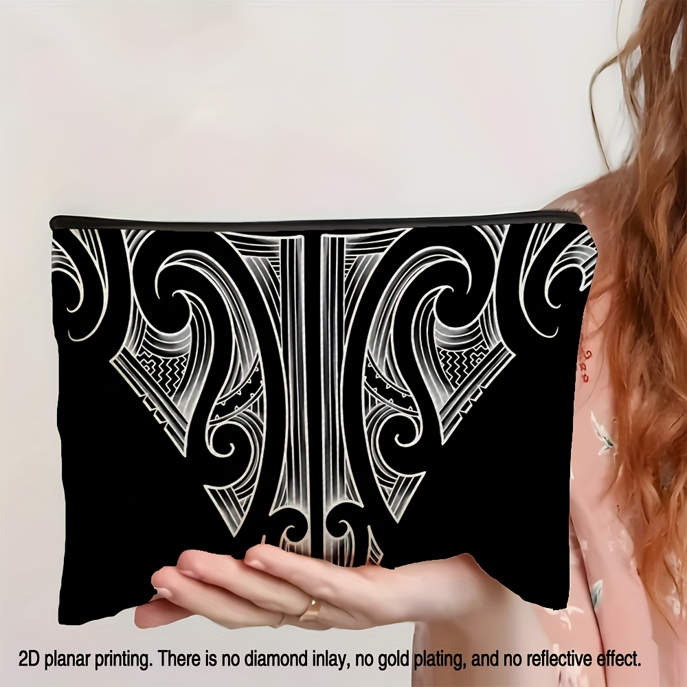 TEMU Maori Tribal Print Makeup Bag For Women - Cultural Gift Pouch With Maori , Suitable For Christmas, Halloween, And Thanksgiving Gifts, Ideal For