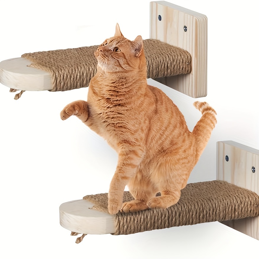 

2-piece Wall-mounted Cat Stairs With Sisal Rope Scratching Posts & Perch Platform - Solid Wood, No Assembly Required
