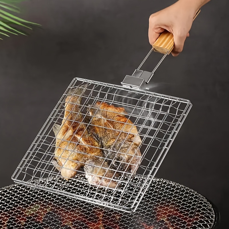 STURDY BBQ GRILL BASKET - Stainless Steel Grill Turner For Grilling Meats, Steaks, Shrimp, And Veggies -   Grill Accessories For Baking, Picnics, Camping