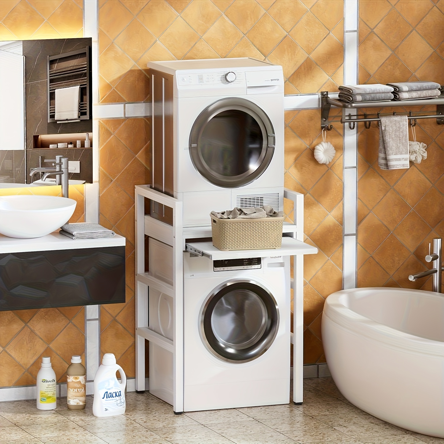 TEMU White Washing Machine Stand, Height-adjustable Washing Machine Stand, Dryer And Washing Machine Stand With Shelves, Washing Machine And Dryer